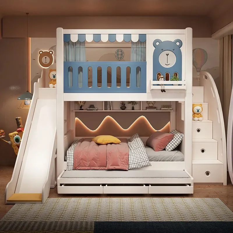Tree House Castle Bed Chalet Style Mother and Child Bunk Bed with High Guardrail 2nd Floor Sleeping Space for Boys and Girls