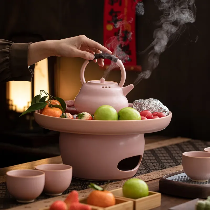 Portable Ceramic Tea Stove Set with Kettle and Teapot for Outdoor Camping Charcoal Alcohol Burner Pink Blossom Design