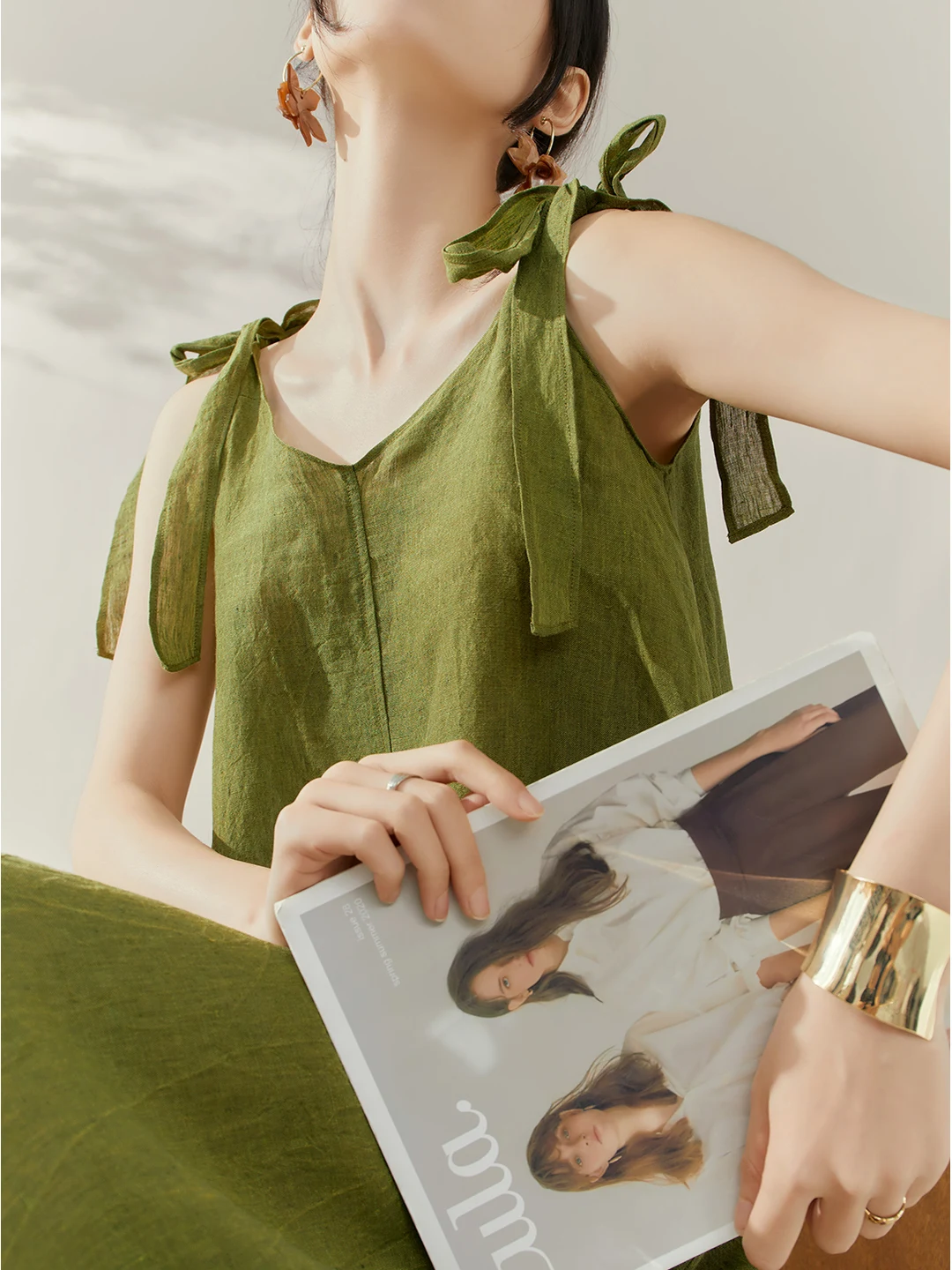 Eleganckie francuskie sukienki letnie w stylu casual na wakacje, sznurowane, z kokardą, na ramiączkach, z dekoltem w serek, z wysoką talią, luźne, w kształcie litery A, bez pleców, zielona długa sukienka damska.