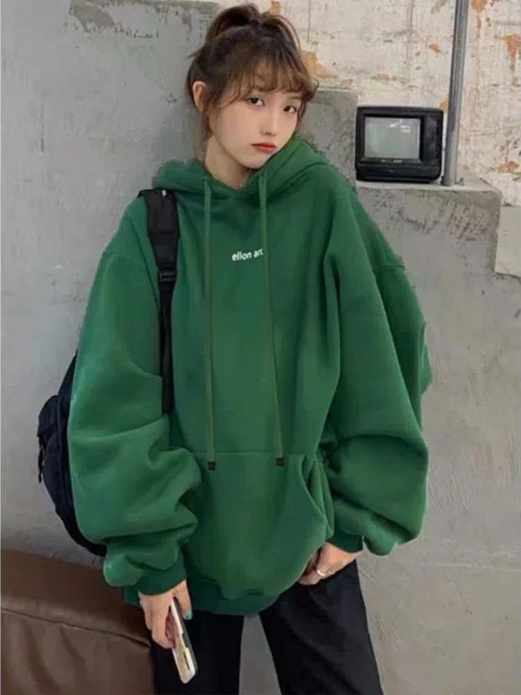 Woman Tops Thick Green Cold Hooded Sweatshirt for Women Loose Autumn and Winter Hoodies Warm Long Baggy Aesthetic Cotton M Kpop