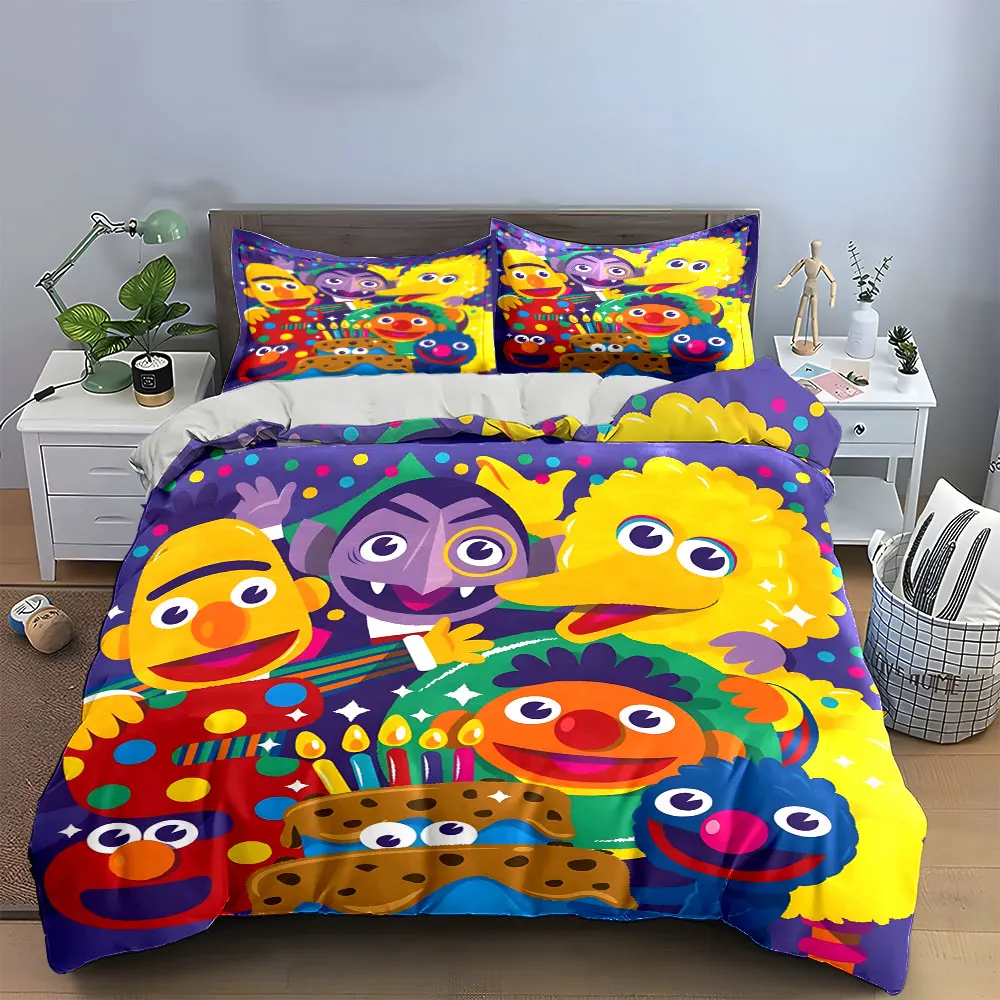 3D S-Sesame Street Print Duvet Cover + 2 Pillowcases, Multiple sizes kid's and adults' bedroom Exquisite 3PC bedding set, gift