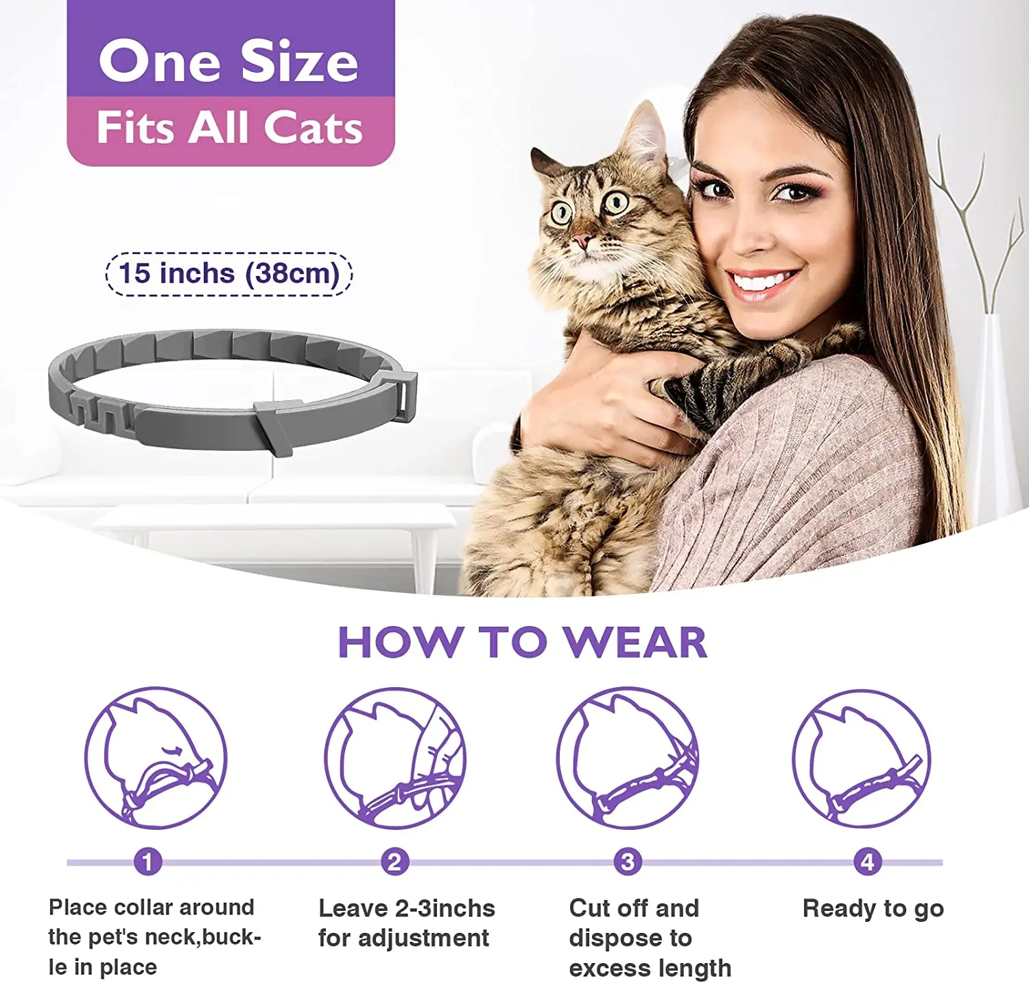 Collar calmante seguro y efectivo para gatos, ajustable, reducción de feromonas y ansiedad, elimina la ansiedad, calma Natural duradera, 38cm, 4