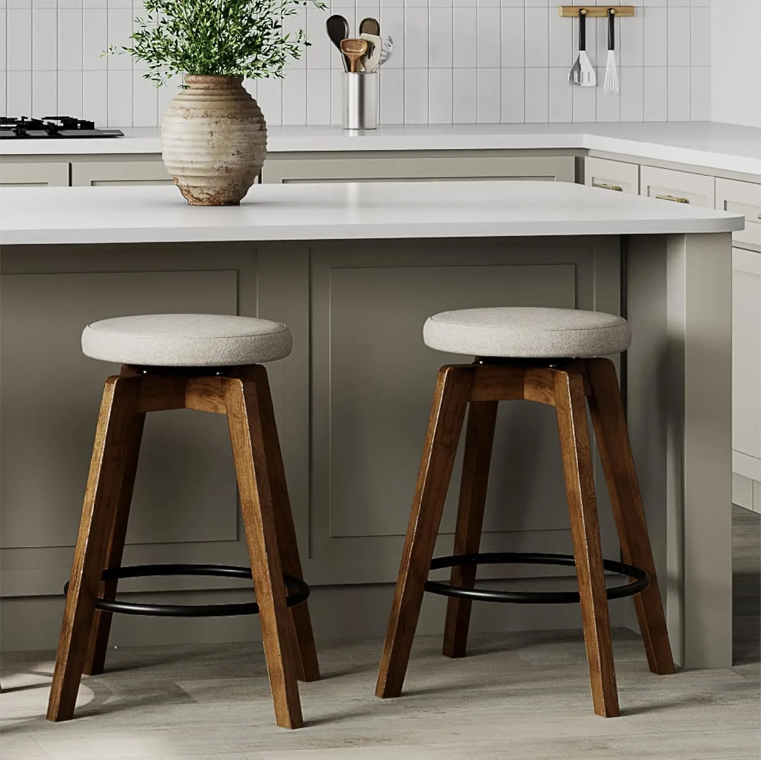 

Поворотный табурет из массива дерева с мягкой подушкой 360° ° Вращающаяся островная кухня для паба с открытой спиной, 25 дюймов, набор из 2 шт., по индивидуальному заказу