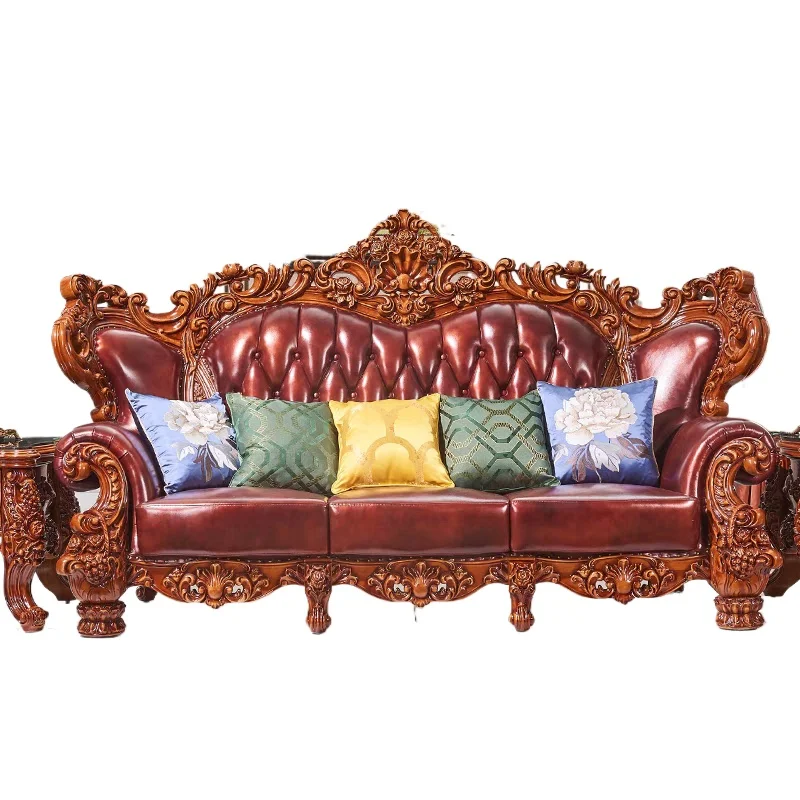 

European-style large sofa, solid wood leather sofa villa living room furniture combination