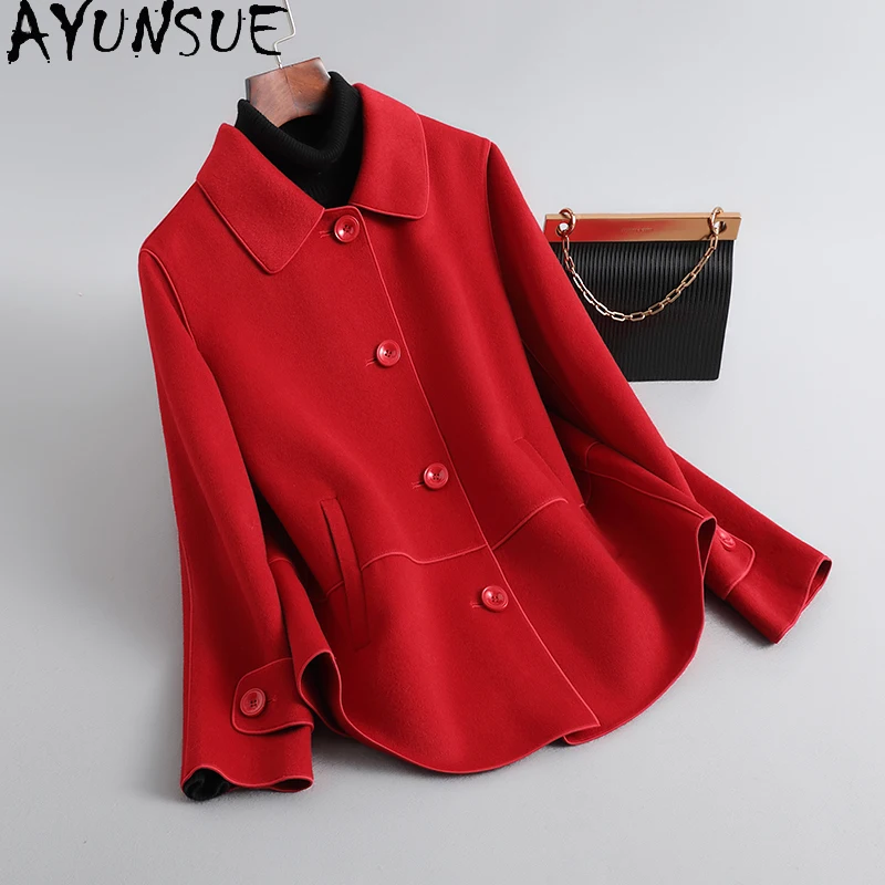 

AYUNSUE пальто из 100% натуральной шерсти, женская весенне-осенняя женская одежда, двусторонняя шерстяная куртка, элегантное пальто, шаль Пальто Женское