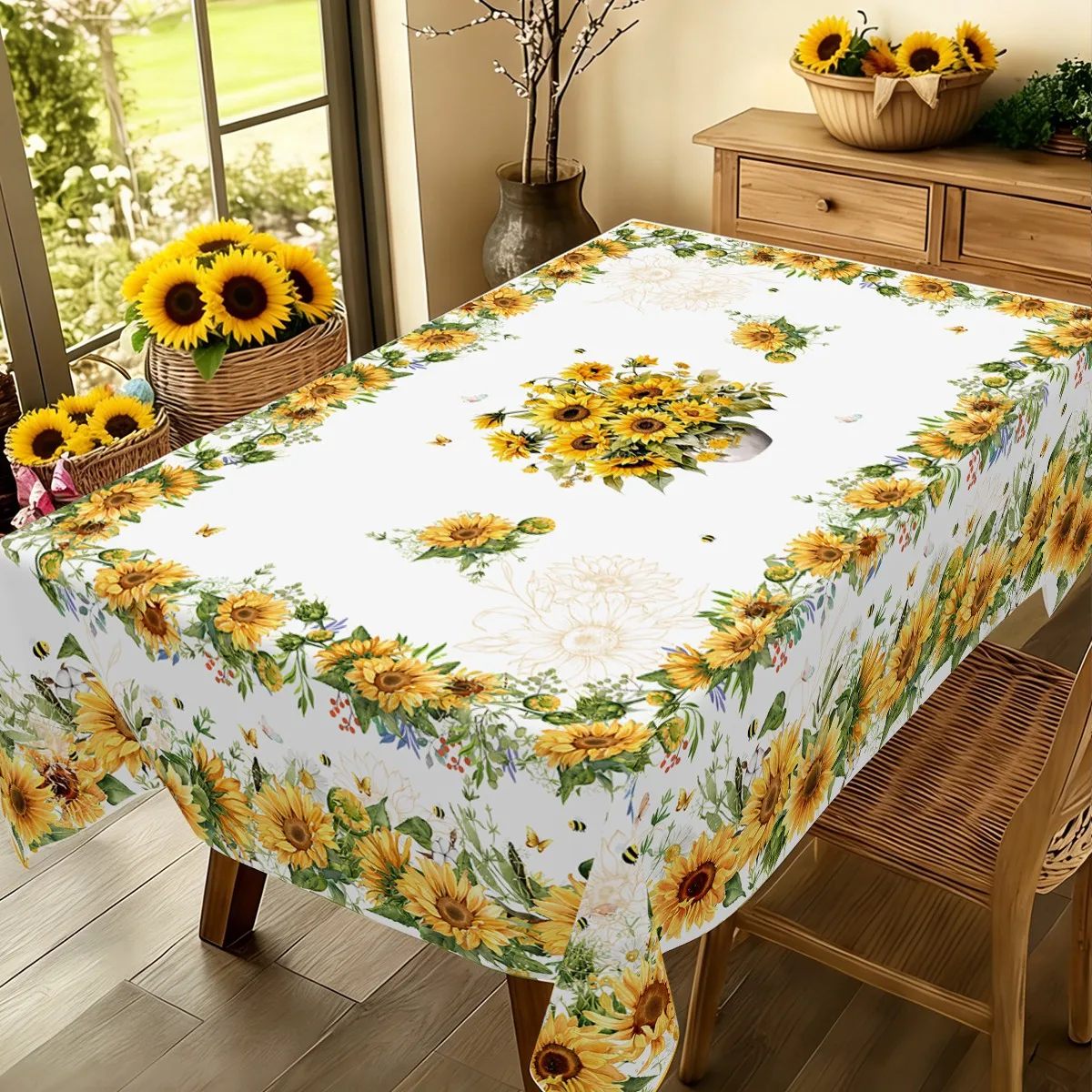 Tischdecken mit Sonnenblumen-Motiv, gelbe Blumen, Blätter, Pflanzen, Tischdecke für Bauernhaus, Urlaub, Hochzeit, Party, Esstischdekoration