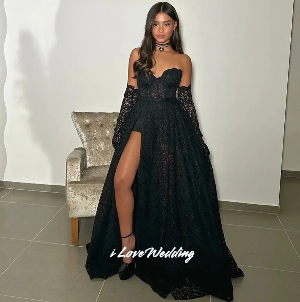 

Сексуальные кружевные платья для выпускного вечера 2025 Милая черная русалка Вечерние элегантные платья знаменитостей с высоким разрезом для свадебной вечеринки по индивидуальному заказу