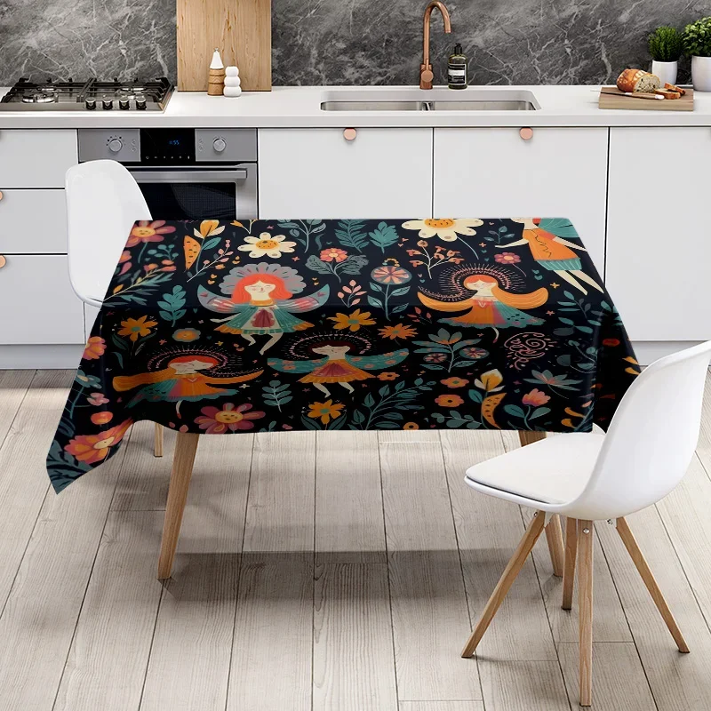 مفرش طاولة مطبوع عليه زهور لديكور المنزل، غطاء طعام بوليستر مقاوم للماء لتزيين المطبخ، تصميم زهور سوداء مع طيور #6