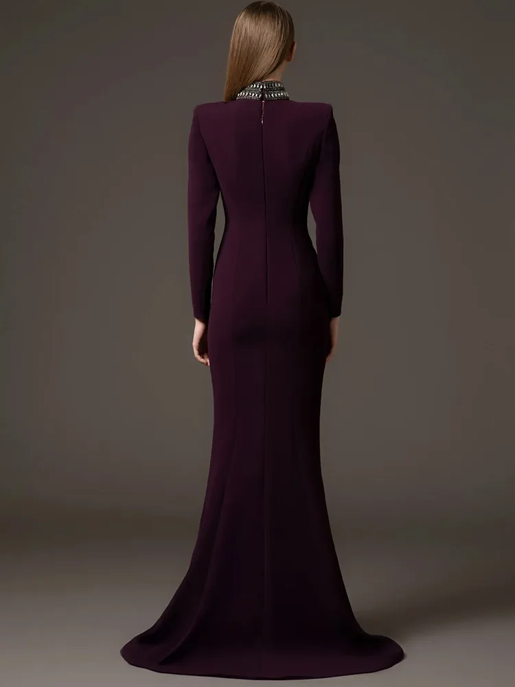 High street mais recente moda 2025 designer festa feminina manga curta gola alta luxuoso diamantes frisado longo maxi vestido