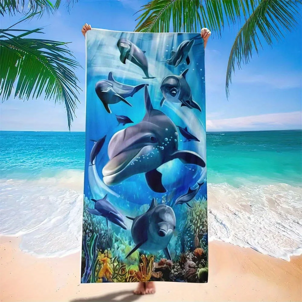 1pc White Ocean Vibes Dolphin Print Oversized Microfiber Beach Scarf Blanket Towel - Quick-Dry Sand-Free Lightweight Portable