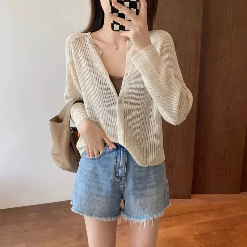 

Полупрозрачный вязаный кардиган для женщин и девочек-подростков, свитер на пуговицах с длинными рукавами, топы, накидка, весенне-летняя базовая одежда