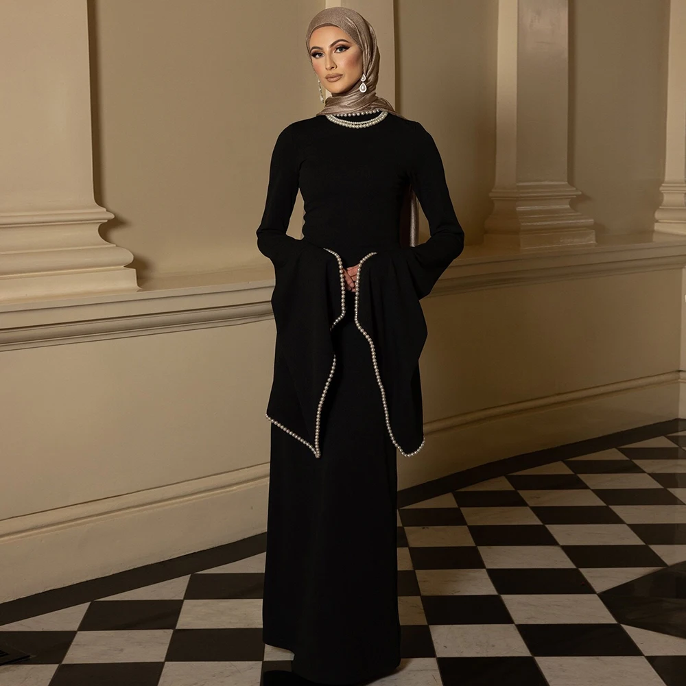 

2024 Elegant Muslim Evening Dress Jersey Black Pearl Bespoke Occasion Gown Column&Sheath High Collar Long Evening Dresses