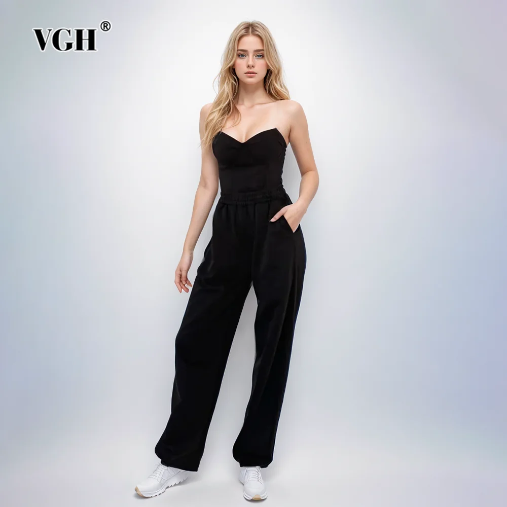 

VGH Sexy Two Piece Sets For Women Strapless Sleeveless Spliced Zipper Short Jumpsuit Loose Long Wide Leg Pants Solid Set Female