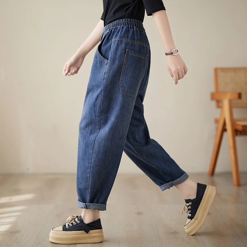 

Джинсы-шаровары с высокой талией и эластичной резинкой на талии, женские весенне-осенние новые свободные брюки из девяти предметов для папы с капустой, синий цвет, обычные тонкие