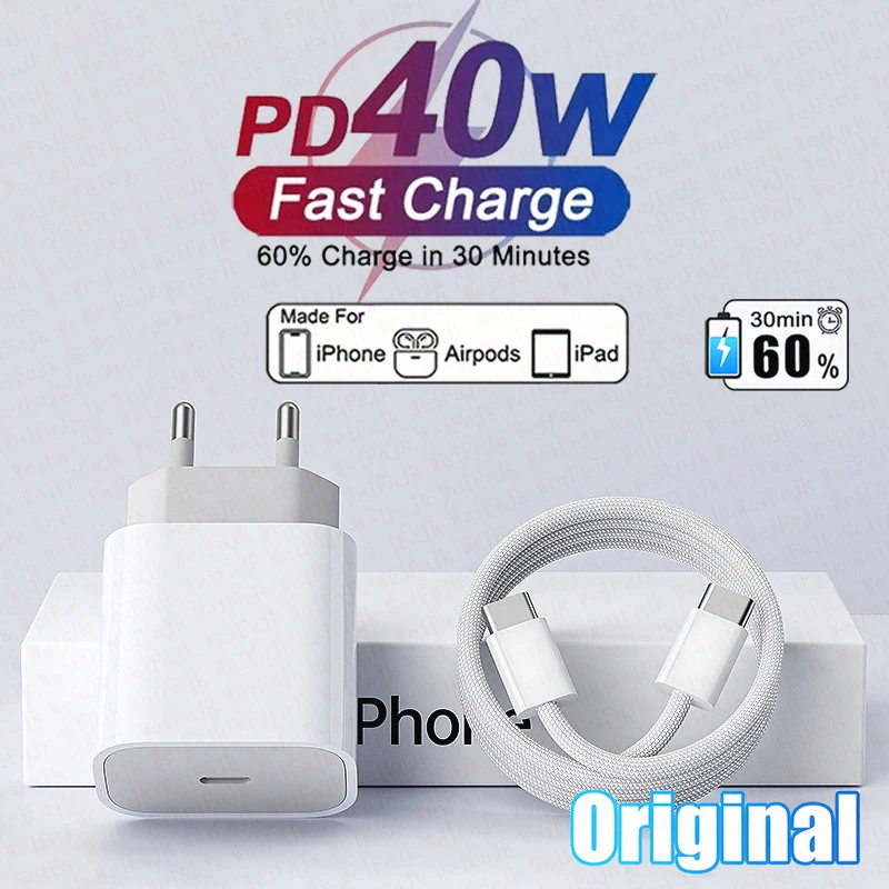 Original 40W Usb Type C Quick Charger For Apple iPhone 17 16 15 14 13 12 11 Pro Max 8 Plus Fast Charging Charge Lightnings Cable
