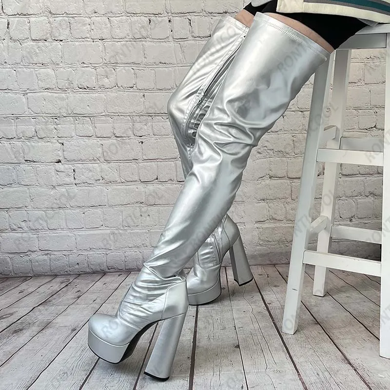 

Ronticool/Новое поступление, женские весенние сапоги до бедра на платформе, серебряная обувь для вечеринок на лакированном массивном каблуке с круглым носком, размер США 4-15