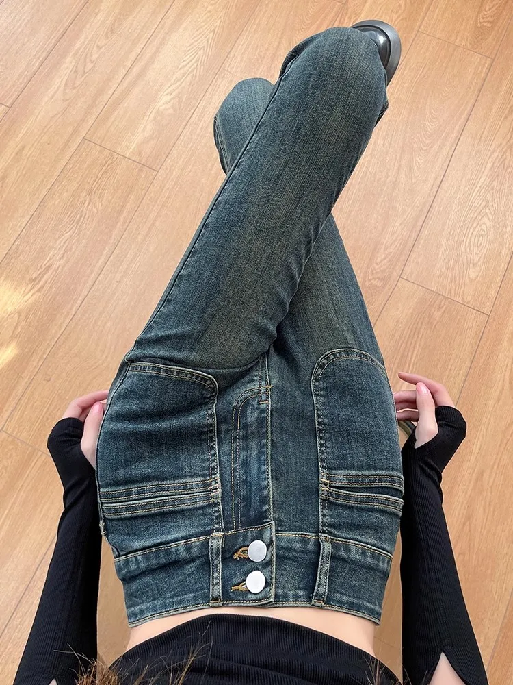 

Retro High Waist Bell Bottom Jeans Women's Spring Autumn Cement Grey Slimming Long Floor Length Hoof Pants