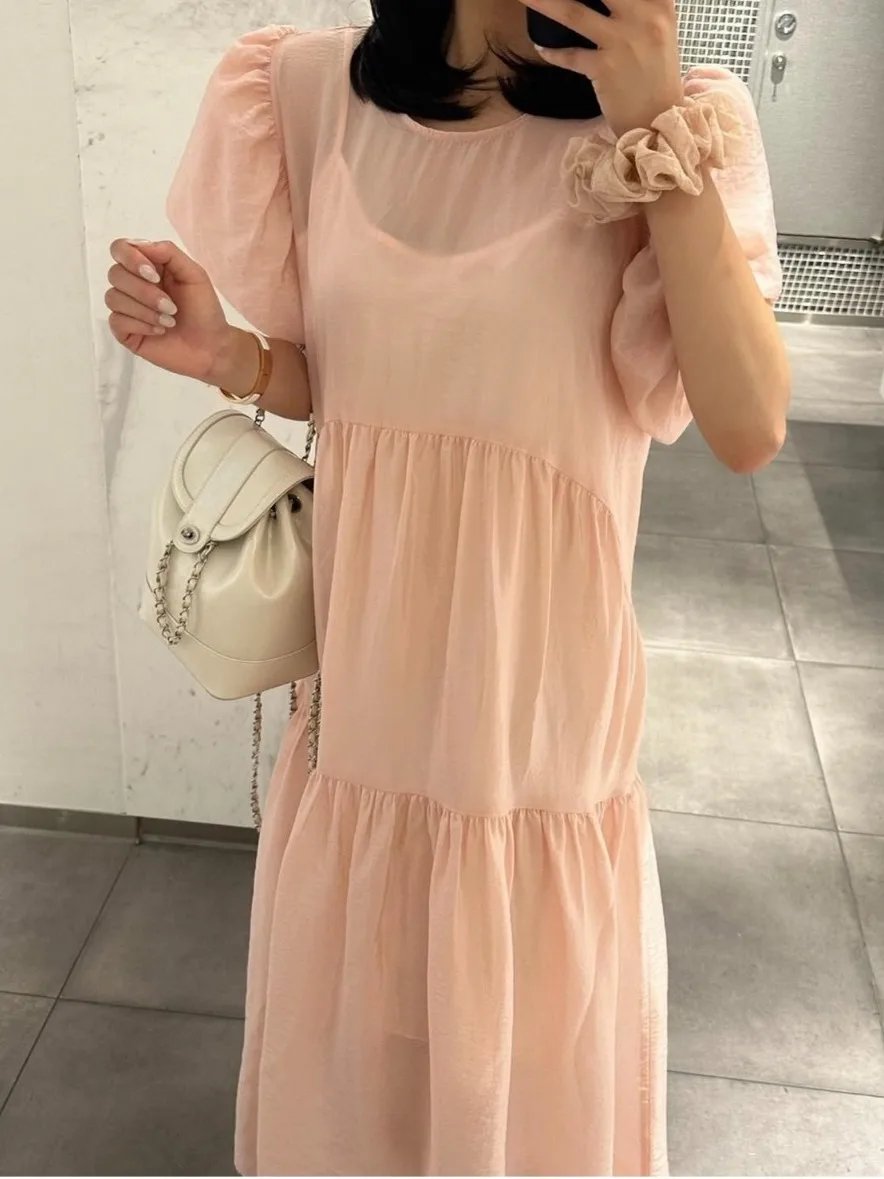 فستان نسائي صيفي جديد بأكمام فقاعية بنفسجية اللون، تصميم أنيق وفضفاض، مصنوع من البوليستر بنسبة 00٪