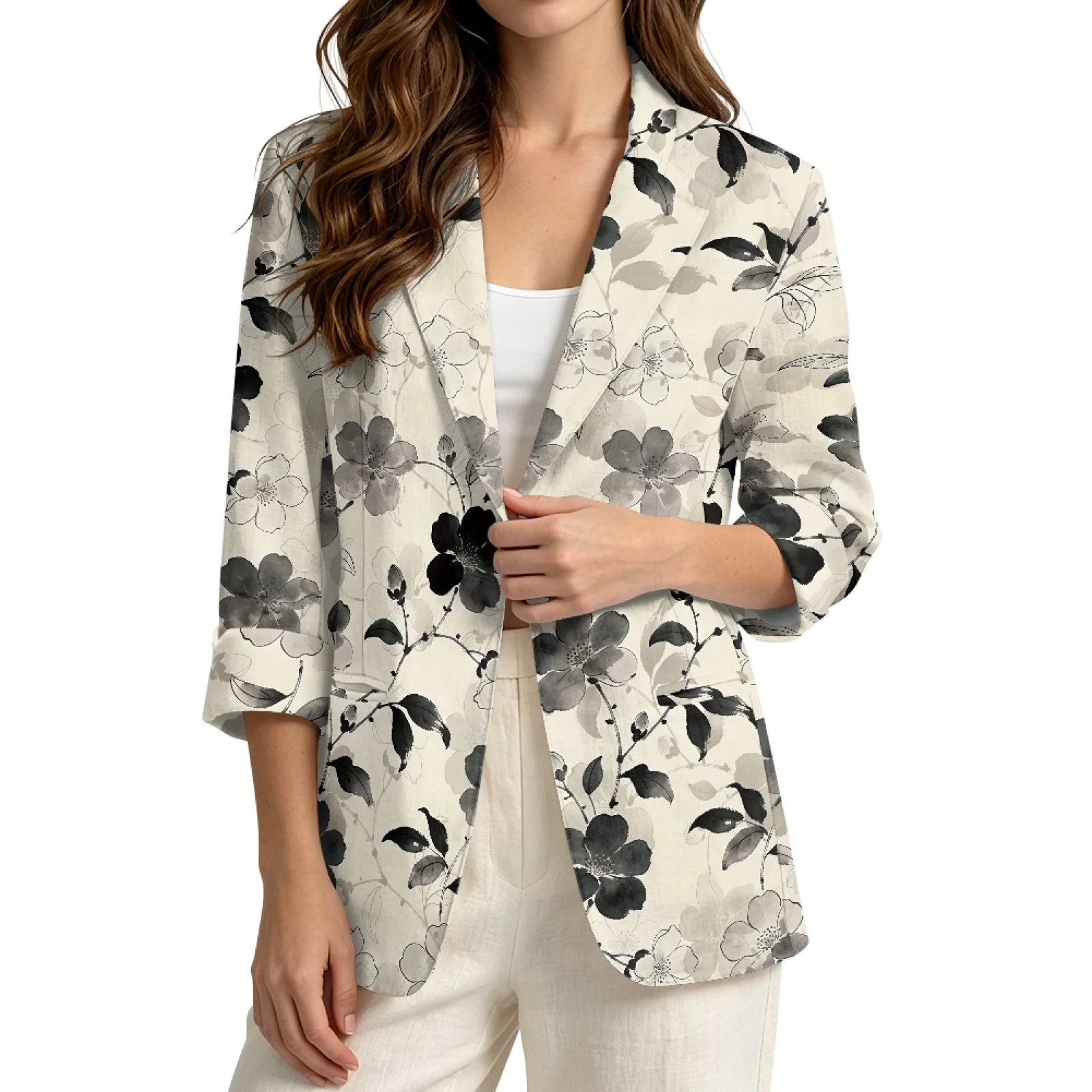 PENSTROLL Lightweight Linen Style Business Jacket 3/4 Sleeve Open Front Blouse for Daily Wear Flowers Print