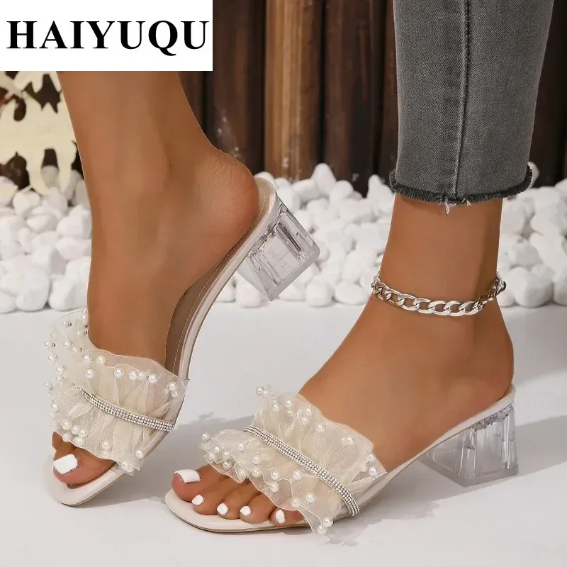 Pearls Pvc High Heels Sandals Women Transparent Crystal Shoes Summer Slippers 2025 Luxury Chunky Flip Flops Pumps Slides Mujer