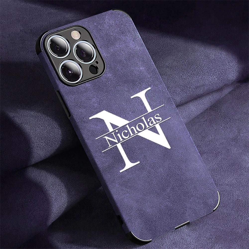 Coque de téléphone personnalisée avec initiales et nom, grande lettre, pour iPhone 16 15 14 13 12 11 Pro Max, Faux cuir d'agneau, impression UV, antichoc