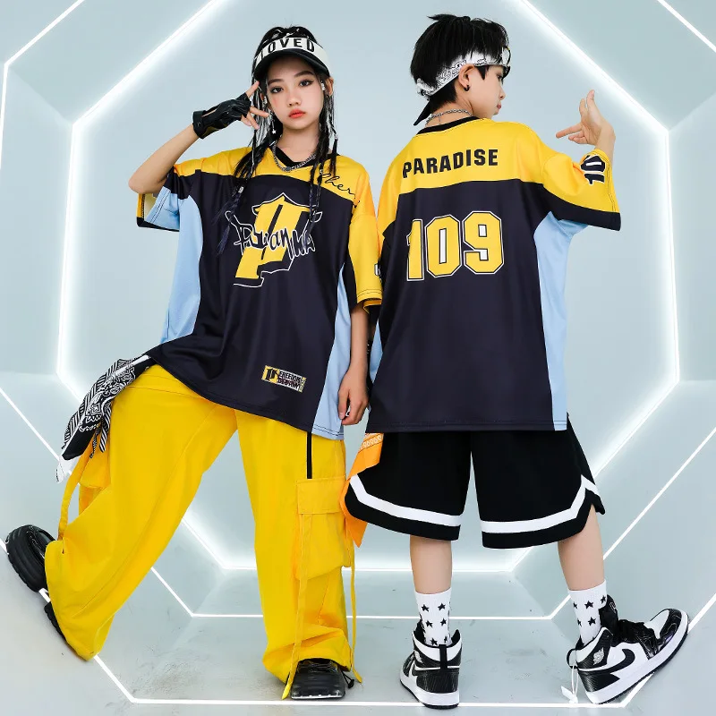 Loose T Shirt Yellow Pants Boys Street Dance Costume Girls Sport Top Shorts Kpop Jazz Performance Wear Kids Hip Hop Clothing