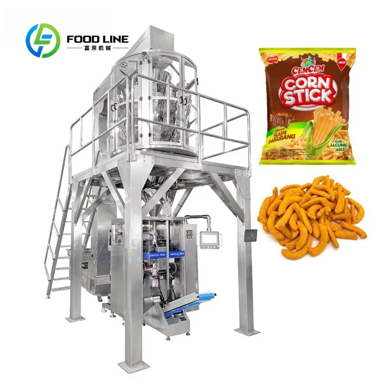 Customized Multihead Weigher Vertical Pillow Bag Packing Machine For Corn Stick Crisp Granule Snack Food Processing Factory