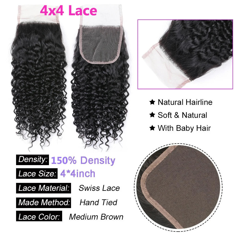 Kinky Curly 4x4 Lace Closure Brazilian Human Hair Deep Wave 4x1 T part Lace Closure Transparent T part 4x4 Lace Closure