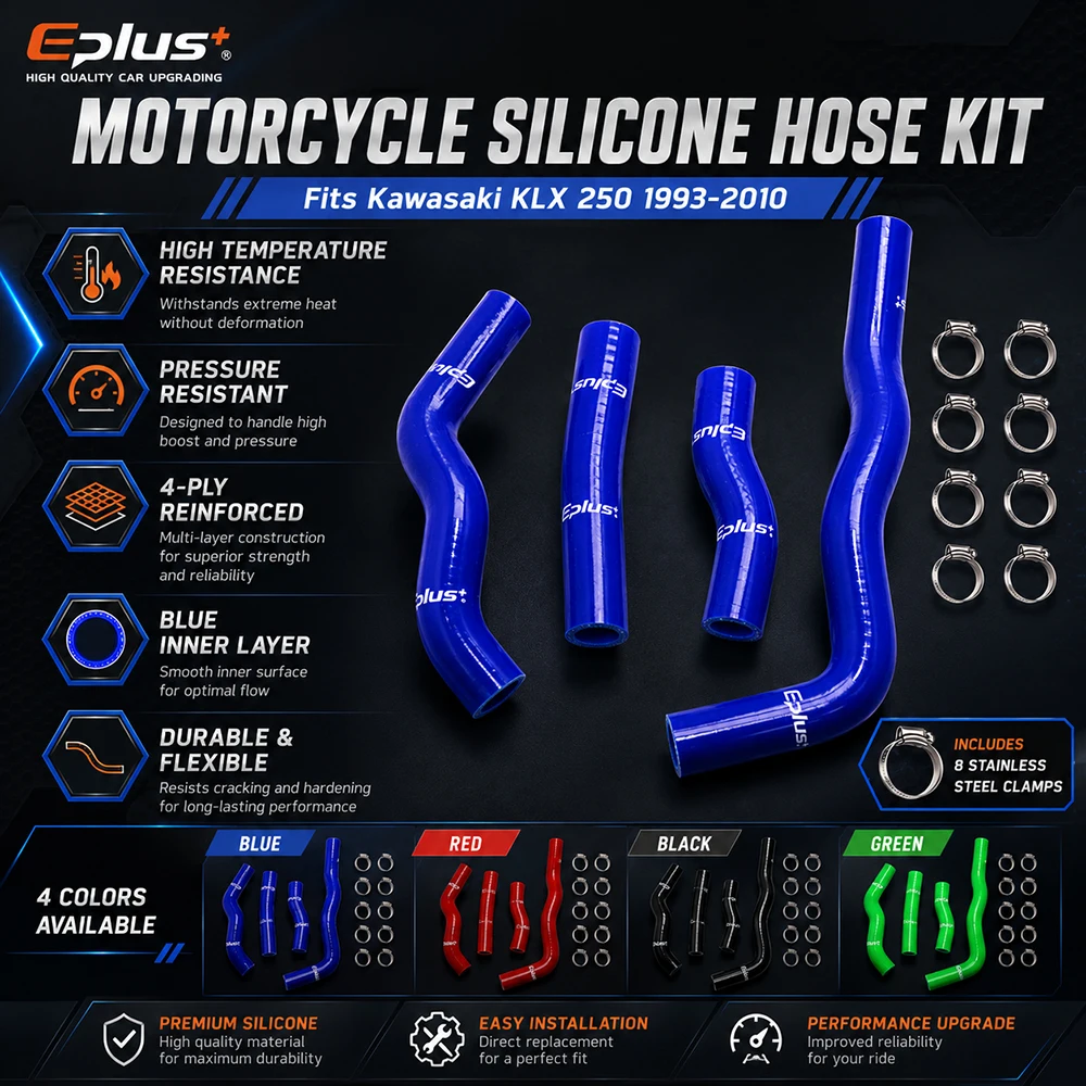 EPLUS 4-Ply Silicone Radiator Coolant Hose Kit for Kawasaki  KLX 250 1993-2010 Motorcycle 4 Colors Available