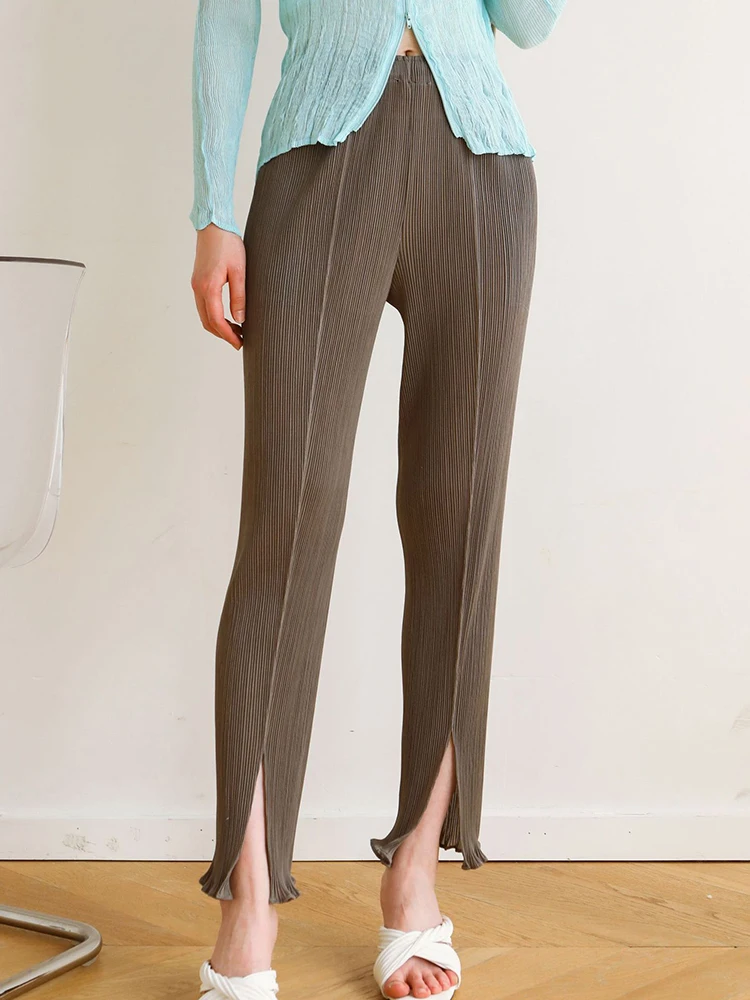 GVUW-Pantalon fendu plissé pour femme, taille élastique, champignon, document mince, polyvalent, nouveau crayon de simplicité, fj17G7950, 2025