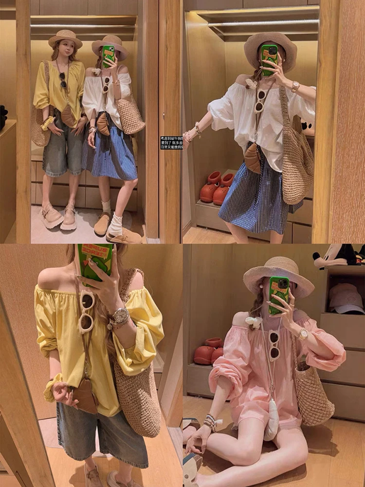 

Льняная хлопковая рубашка Yukiss с одним открытым плечом, тонкий материал, воротник, два варианта ношения, свободный крой, стандартная длина, летняя модная женская одежда S...