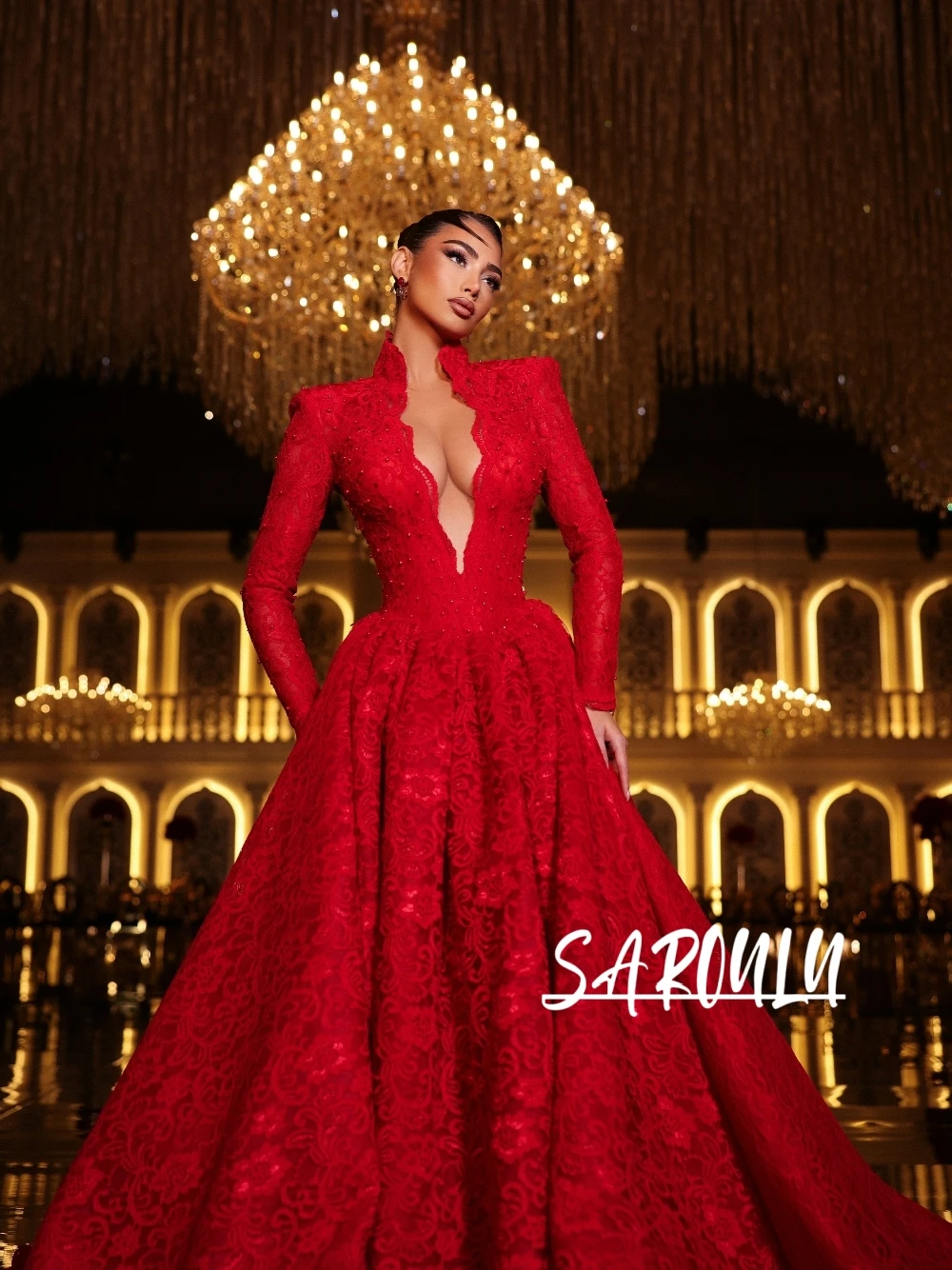 

Red Sexy Deep V Neck Evening Dress Fully Lace Pearls Formal Occasions Prom Gown Customized Delicate A Line Long Galas Wear
