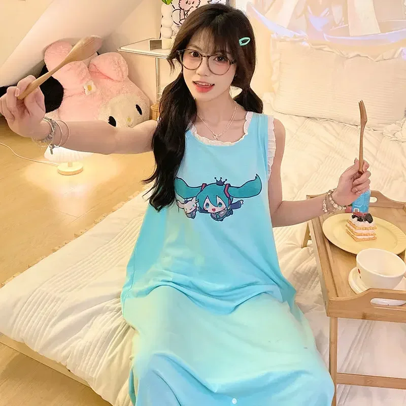 Hatsune Miku One-piece Pajamas Women's Summer Thin Cotton Ruffled Sleeveless Cute Cartoon Nightgown Large Size Home Clothes