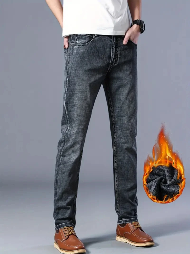 Pantaloni in denim da lavoro in flanella calda termica elasticizzata dritta in pile invernale Abbigliamento di marca maschile Jeans da uomo d'affari alla moda