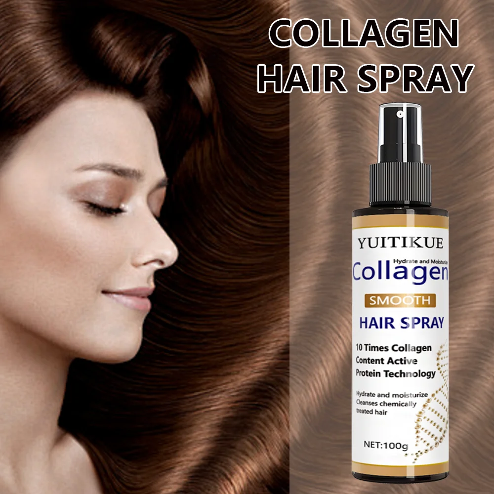 

YUITIKUE Collagen Hair Spray repairs damaged hair, providing smoothness and shine, targeted for chemically treated and anti-friz