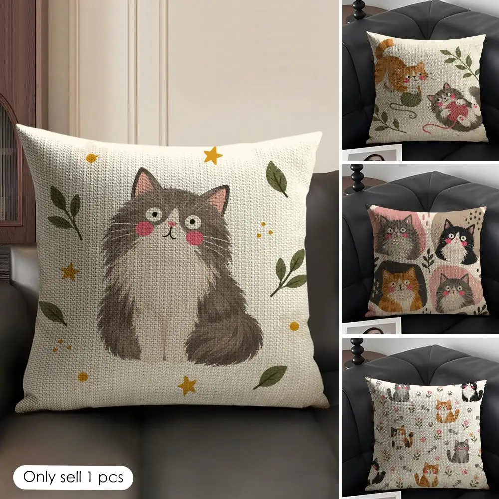 Funny Cate Cat Cushion Cover Skin-Friendly Organic Linen Pillow Cover Durable Hypoallergenic Washable Soft