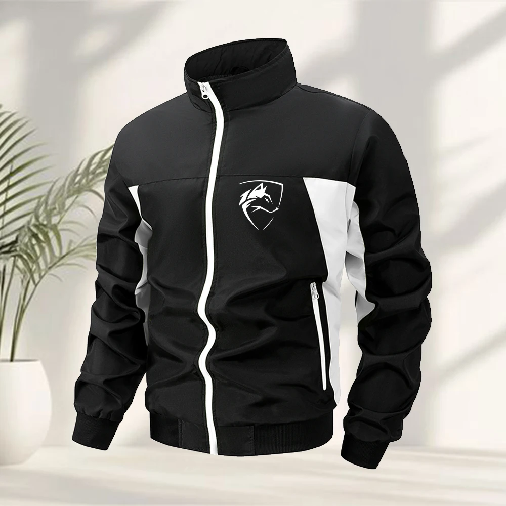 Men's Stand Up Collar Jacket With Wolf Logo Print Outdoor Casual Fitness Windproof Jacket Running And Cycling Zip Up Pocket Top