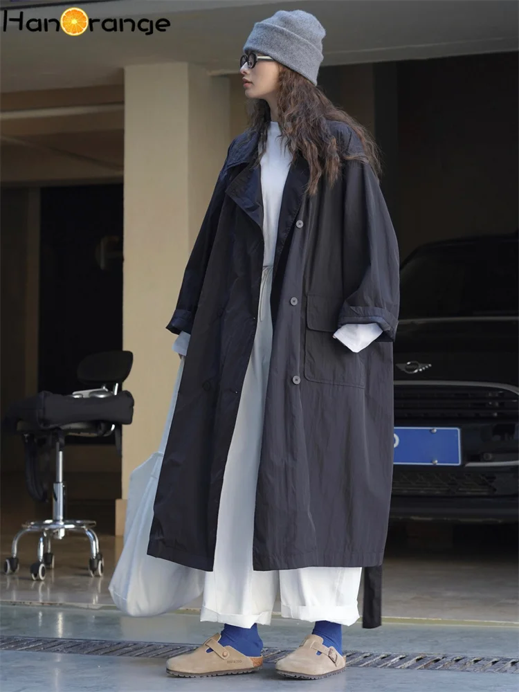 

HanOrange 2024 Spring Large Pocket Windbreaker Women Loose Silhouette Lightweight Casual Long Trench Coat Black/Greyish Green