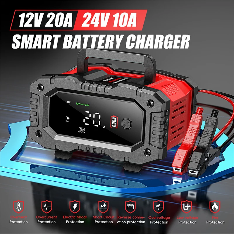 

FOXSUR 12 В/24 В автомобильное зарядное устройство для мотоциклетного аккумулятора - 20 А/10 А умное зарядное устройство для лития/AGM/GEL/свинцово-кислотного/LiFePO4 - 1 комплект зарядного устройства