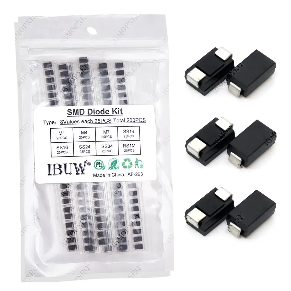 8values 200pcs M1 M4 M7 SS14 SS16 SS24 SS34 RS1M Electronic Components Package Diode Assorted Kit  1N4001 1N4007 1N5819 DO-214AC