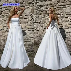 Sexy Open Back Wedding Dresses Sleeveless Boho Garden A Line Bridal Gowns With Bow Floor Length Modern Simple Beach Robes