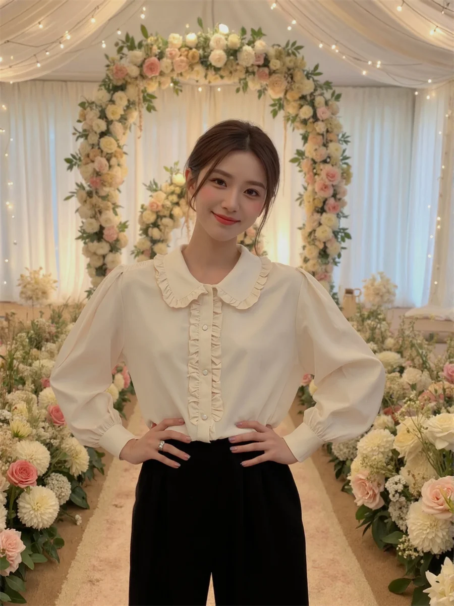 

Elegant Shirts Women Summer Short Sleeve Blouse with Floral Prints Peter Pan Collar and Puff Sleeves for Office Daily Looks