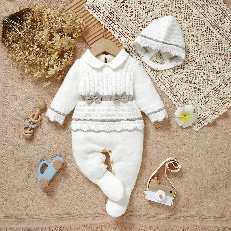 Newborn Baby Rompers Knit Foot Wrapping Toddler Kid Clothing Hat 0-9M Overalls Fashion Tie 2PCS Infant Girl Jumpsuit Long Sleeve