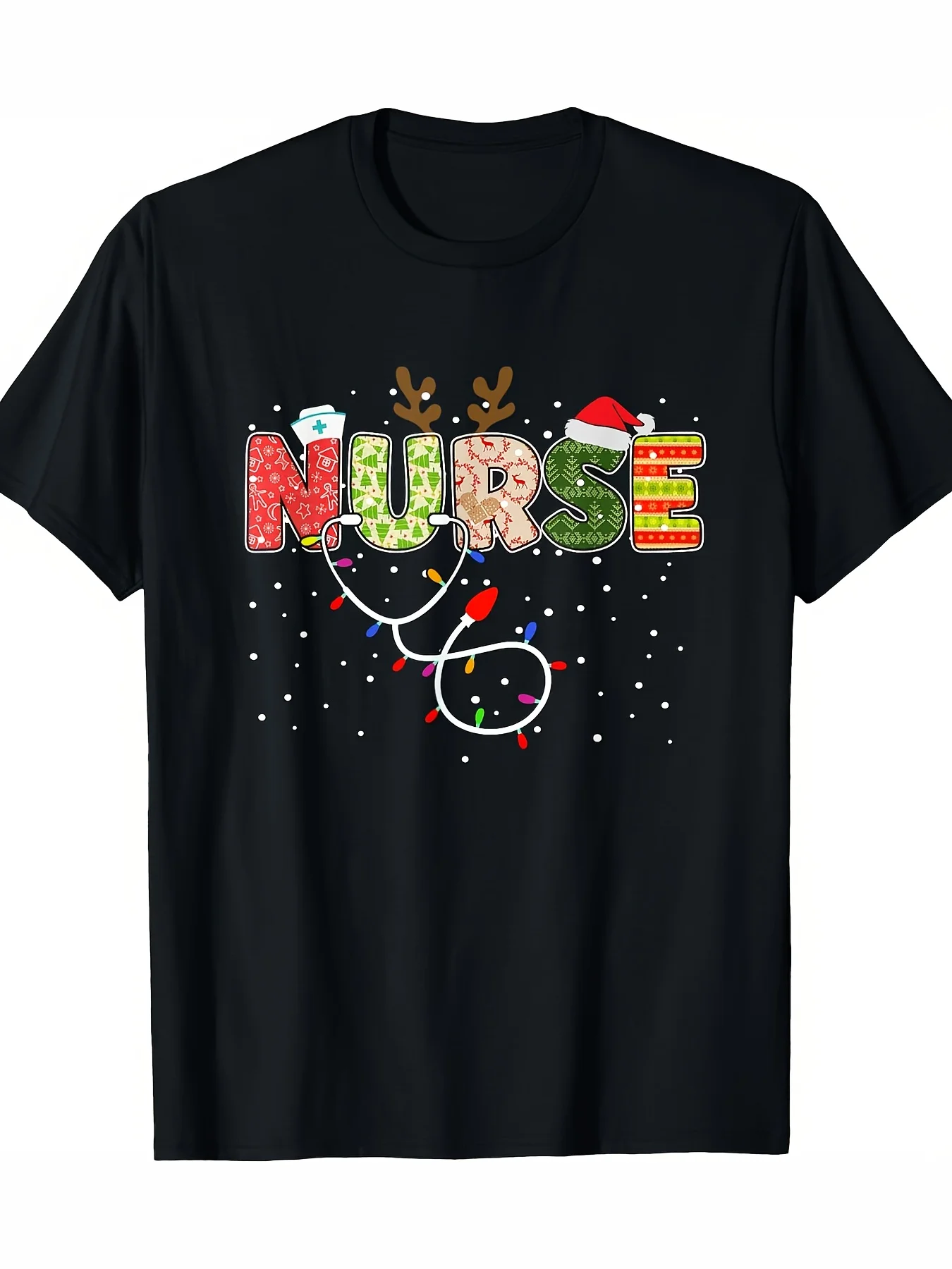 

Men's Nurse Christmas Tee, Santa Reindeer Stethoscope, 180g Medical Staff Tee