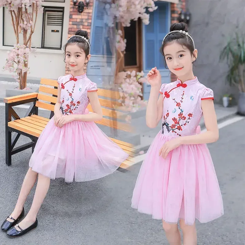 

Платье для девочек, летнее шифоновое зеленое детское платье Cheongsam с цветочным принтом, 12 детской одежды, 9 модных повседневных платьев для девочек 8–7 лет