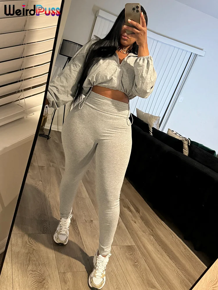 

Weird Puss 2024, осенний женский комплект из 2 предметов, повседневный спортивный костюм на молнии, тонкая куртка на шнурке + леггинсы, одинаковые уличные спортивные костюмы