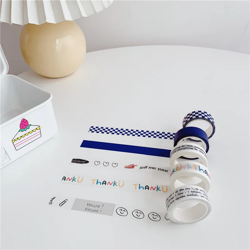 

Korean Ins Style Washi Tape Pack Blue Checkered Hand Drawn Alphabet Decorative Masking Tape for Journal Planner DIY