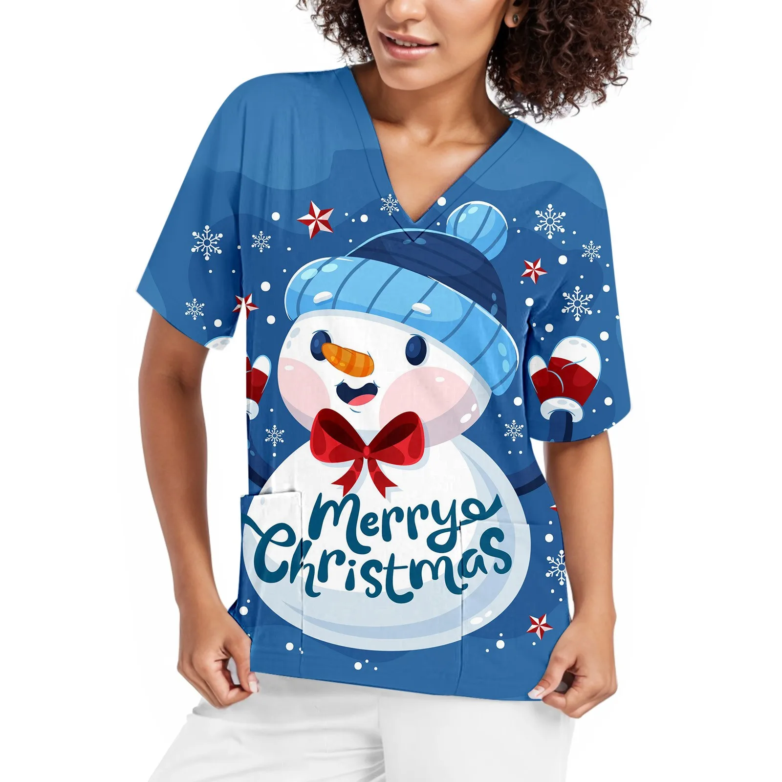 Snowman Christmas Pet Grooming Staff Overalls Scrub Top Women Short Sleeve Uniform V Neck Doctor Overalls Pocket Shirt Nursing