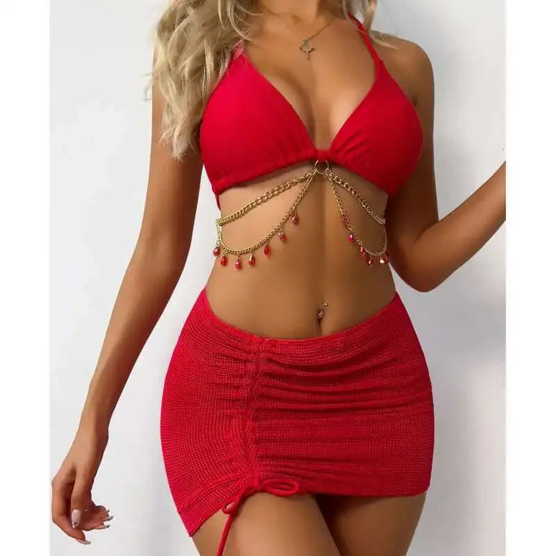 Sexy roter Bikini-Badeanzug mit Strasssteinen, Damen-Bademode, weiblich, Push-Up-Bikini, Strand-Badebekleidung, Badeanzüge, Pool-Badende 2025,