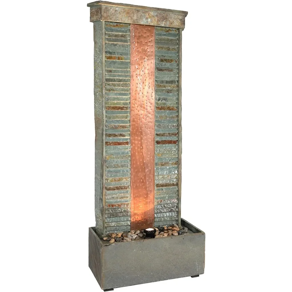 

Rippled Slate 48-inch Outdoor Water Fountain - Outdoor Water Feature with LED Light for Copper Accents for Patio, Deck，Garden